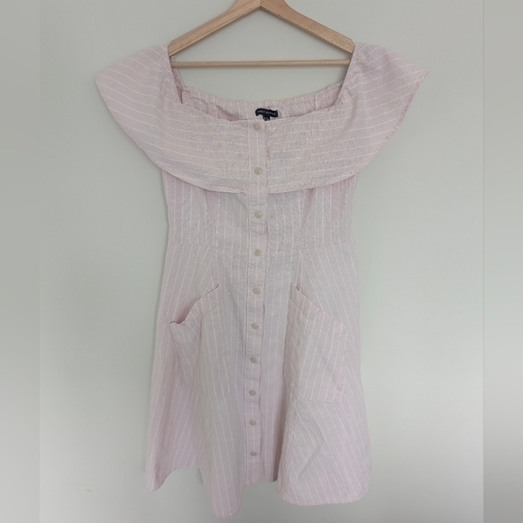Saks Fifth Avenue Dresses & Skirts - Saks Fifth Avenue Womens Size12 Linen Blend Dress Pink White Stripe Off Shoulder